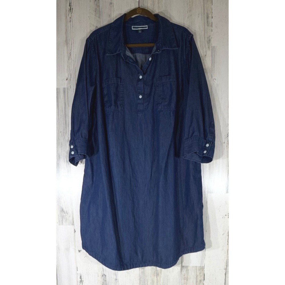 Karen Scott Shirt Dress 2X Blue Denim Chambray 3/4 Sleeve Tunic Pocket READ